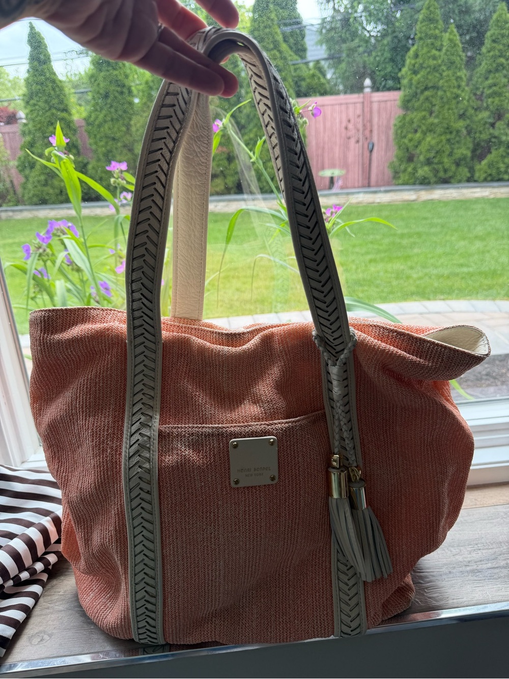 Henri Bendel Coral/Peach Woven Tote with Cream Trim